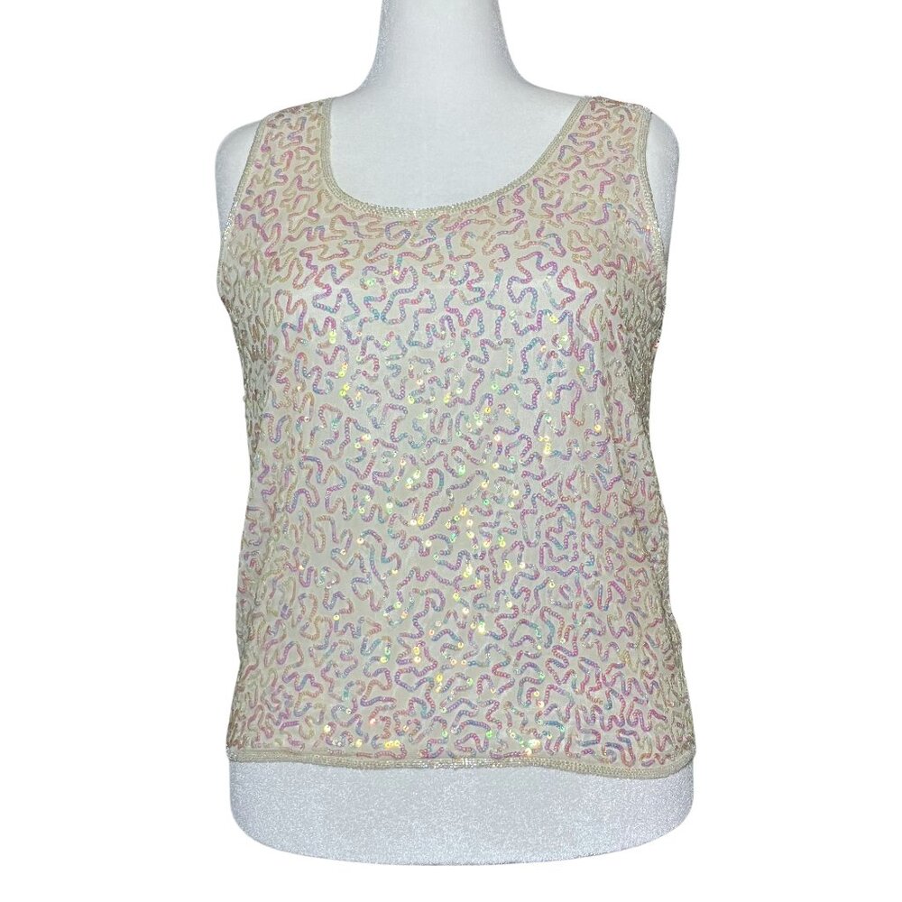 Vintage 90s Y2K 100% Silk White Going Out Top Sequins. Large. Bachelorette Fairy